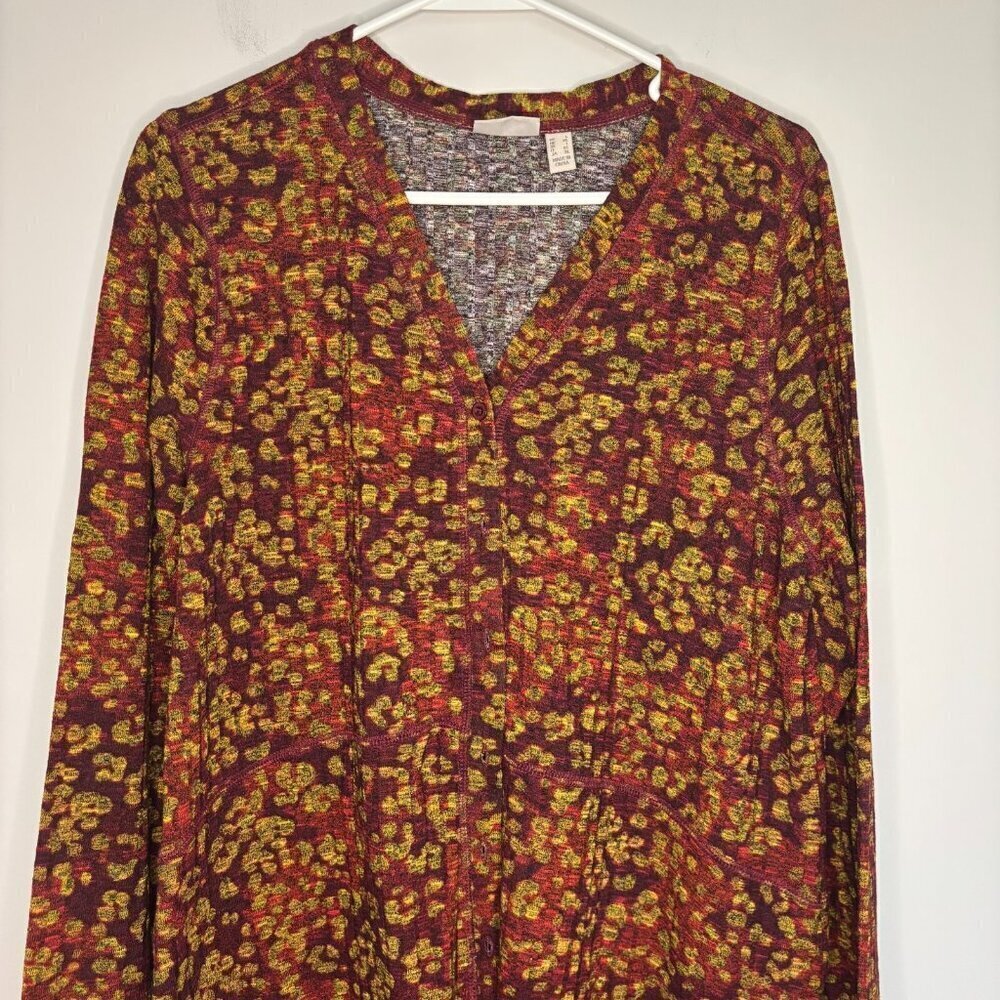 LOGO by Lori Goldstein Duster Cardigan Women's L Red Gold Buttons Long Sleeve